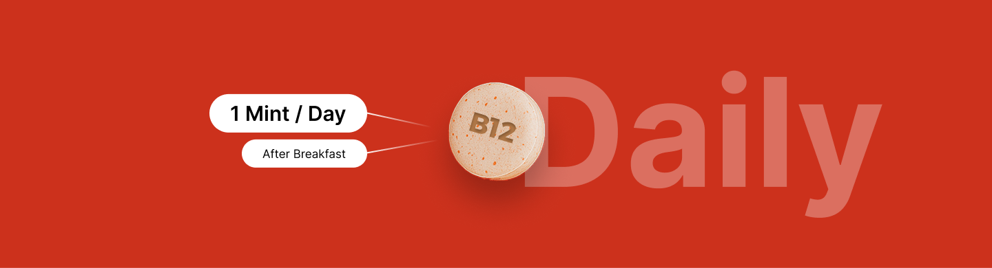 Vitamin B12 daily chewable mint – take 1 tablet after breakfast for energy, red blood cell support, and reduced fatigue.