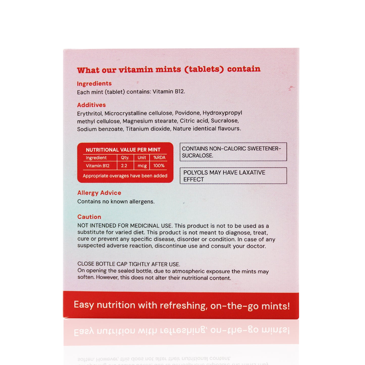 WYN Vitamin B12 mints packaging with ingredients and nutrition details.