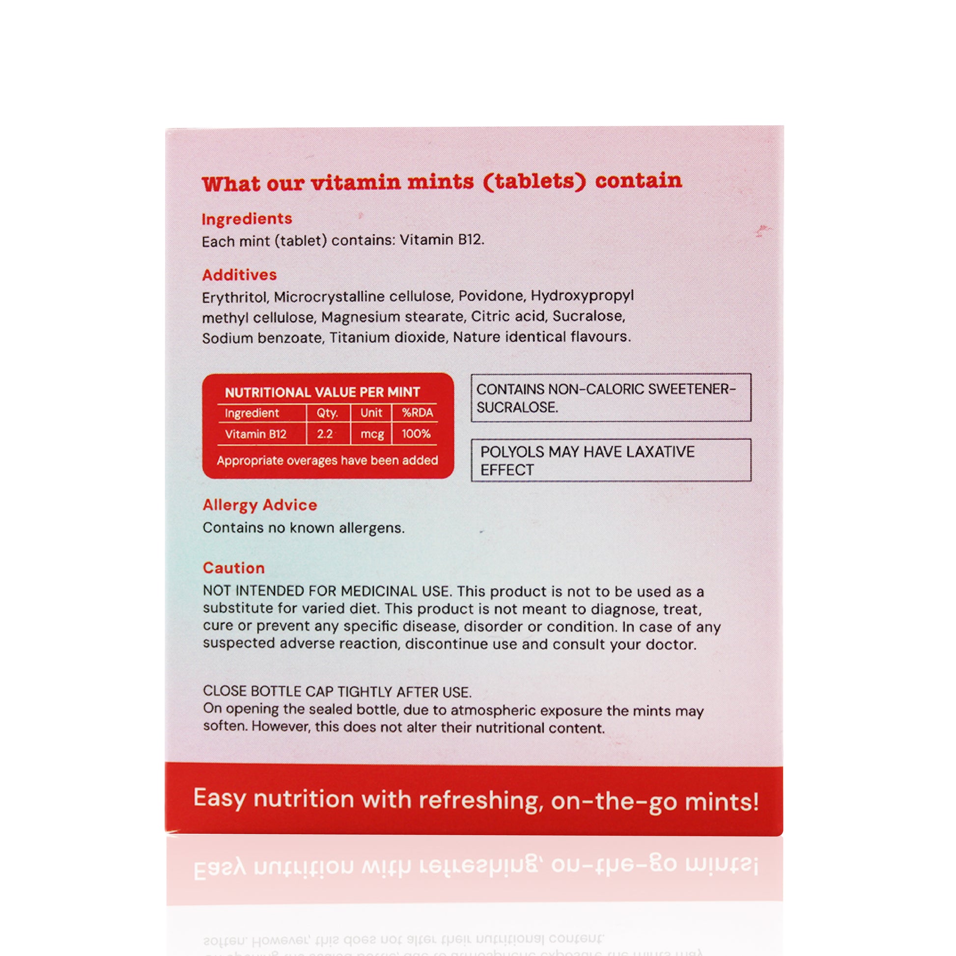 WYN Vitamin B12 mints packaging with ingredients and nutrition details.