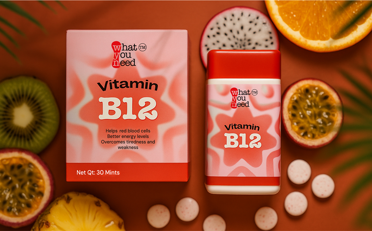 Vitamin B12 chewable mints with kiwi, orange, dragon fruit, and passion fruit in the background – boosts energy, supports red blood cells, and reduces weakness.